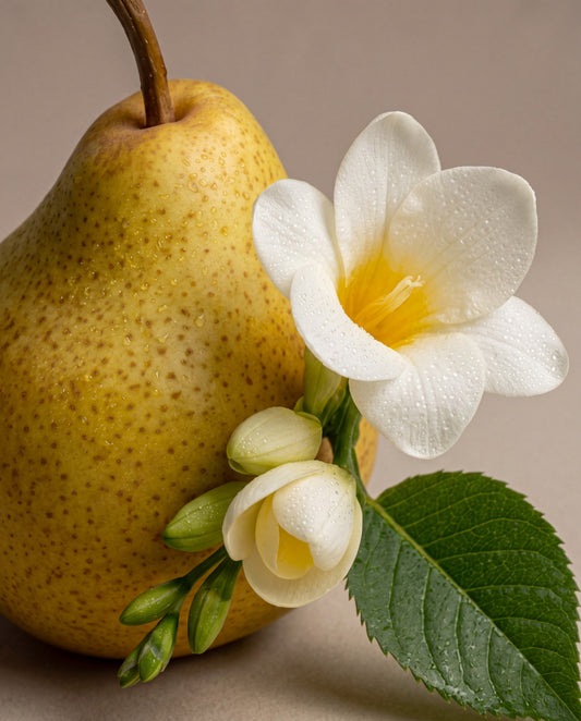 Pear & Freesia Bloom – duftnoter: en moden pære med hvide fresiablomster