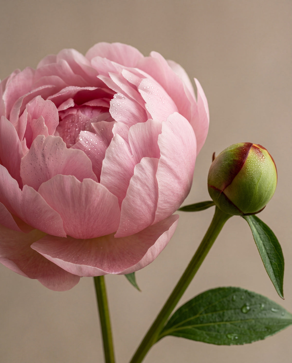 Blush Peony & Suede – duftnoter: en blegrosa pæon i blomst med en pæonknop