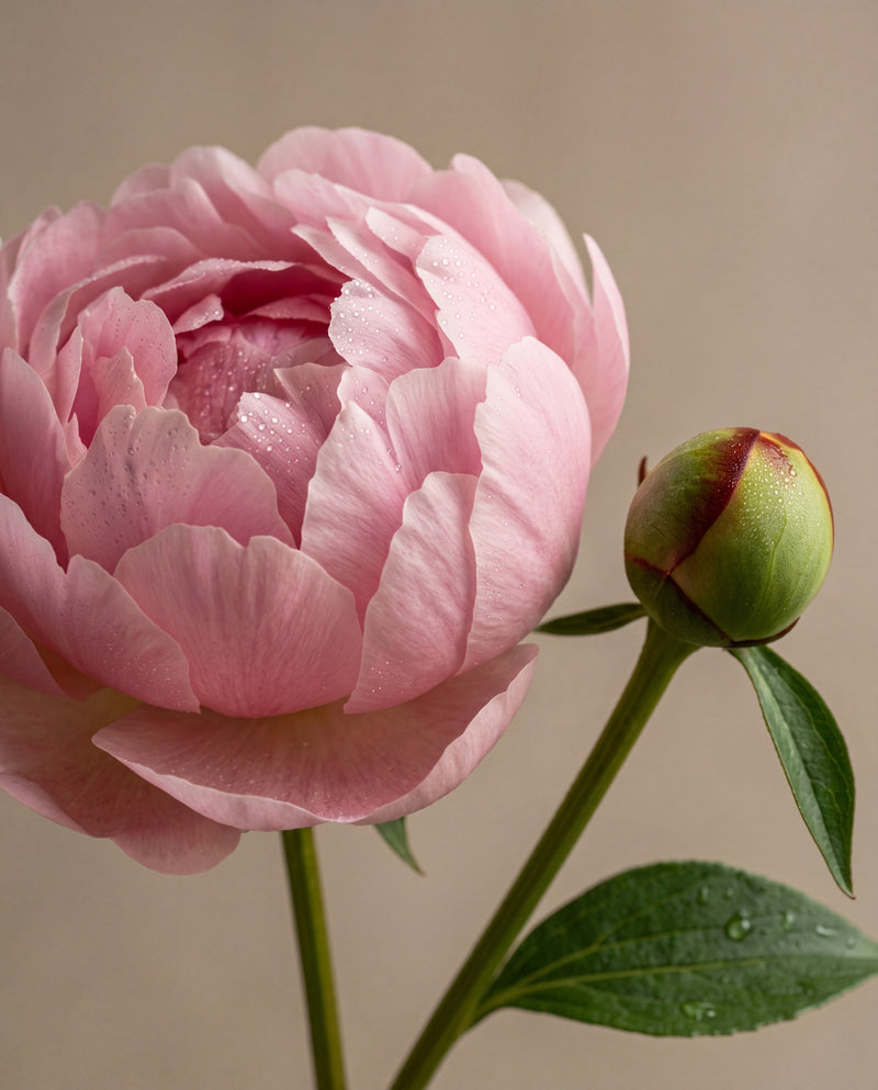 Blush Peony & Suede – duftnoter: en blegrosa pæon i blomst med en pæonknop