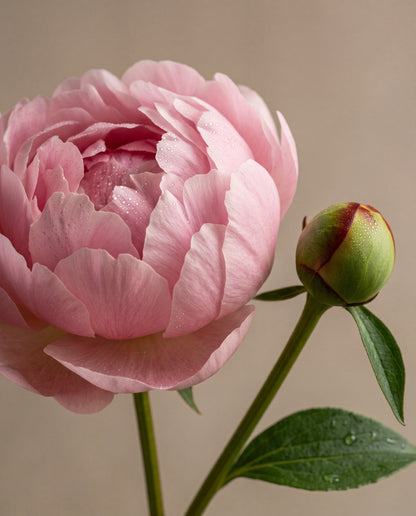Blush Peony & Suede – duftnoter: en blegrosa pæon i blomst med en pæonknop