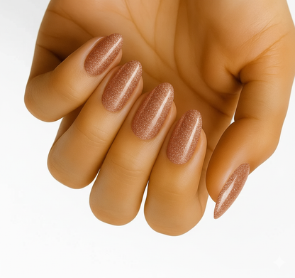 Copper Glitter (neglefolier uden UV): nærbillede af mandelformede negle med varm kobberglitter