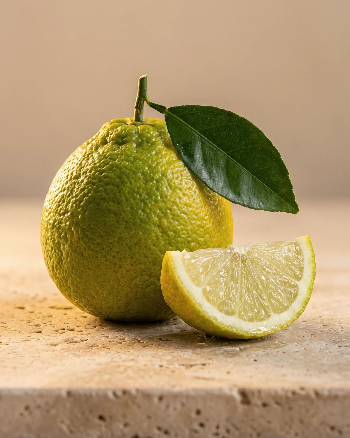 En hel bergamot med blad ved siden af en saftig båd på varm travertin – den lyse, blomstrede citrusduft fra Delune Bergamot – ren æterisk olie