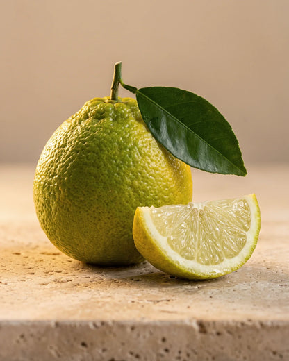 En hel bergamot med blad ved siden af en saftig båd på varm travertin – den lyse, blomstrede citrusduft fra Delune Bergamot – ren æterisk olie