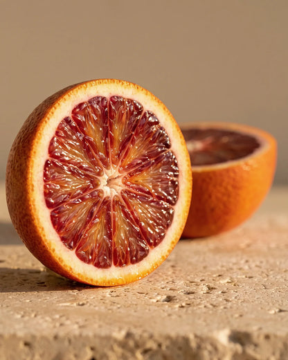 En halveret blodappelsin med dybt rubinrødt frugtkød på varm travertin – den søde, bæragtige citrusduft fra Delune Blodappelsin – ren æterisk olie
