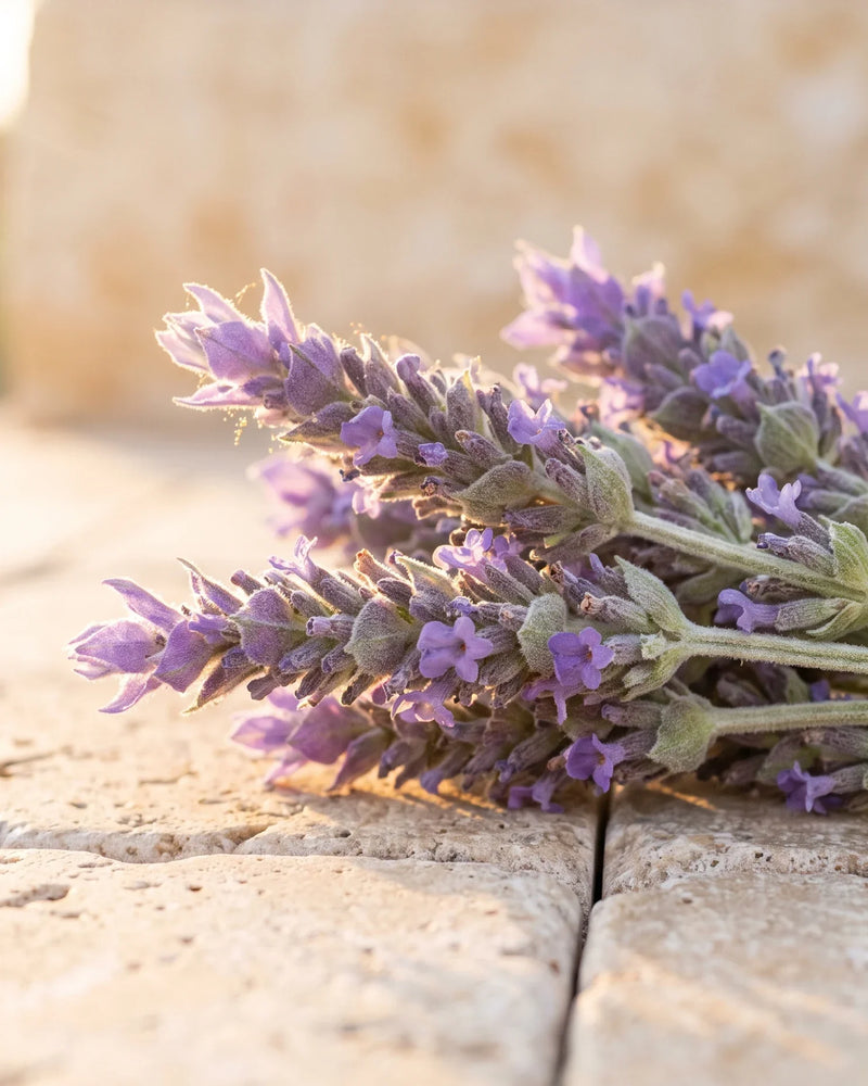 Nyskåret lavendel i blomst på varm travertin i lavt, gyldent sollys – den rolige blomsterduft fra Delune Bulgarsk lavendel – ren æterisk olie