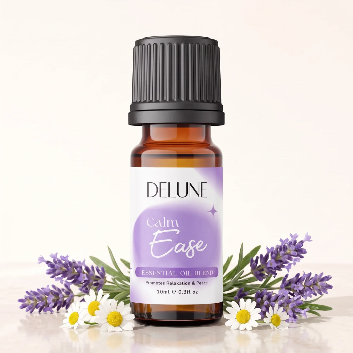 Delune Calm Ease – blanding af æteriske olier, 10 ml ravfarvet glasflaske med frisk lavendel og kamilleblomster