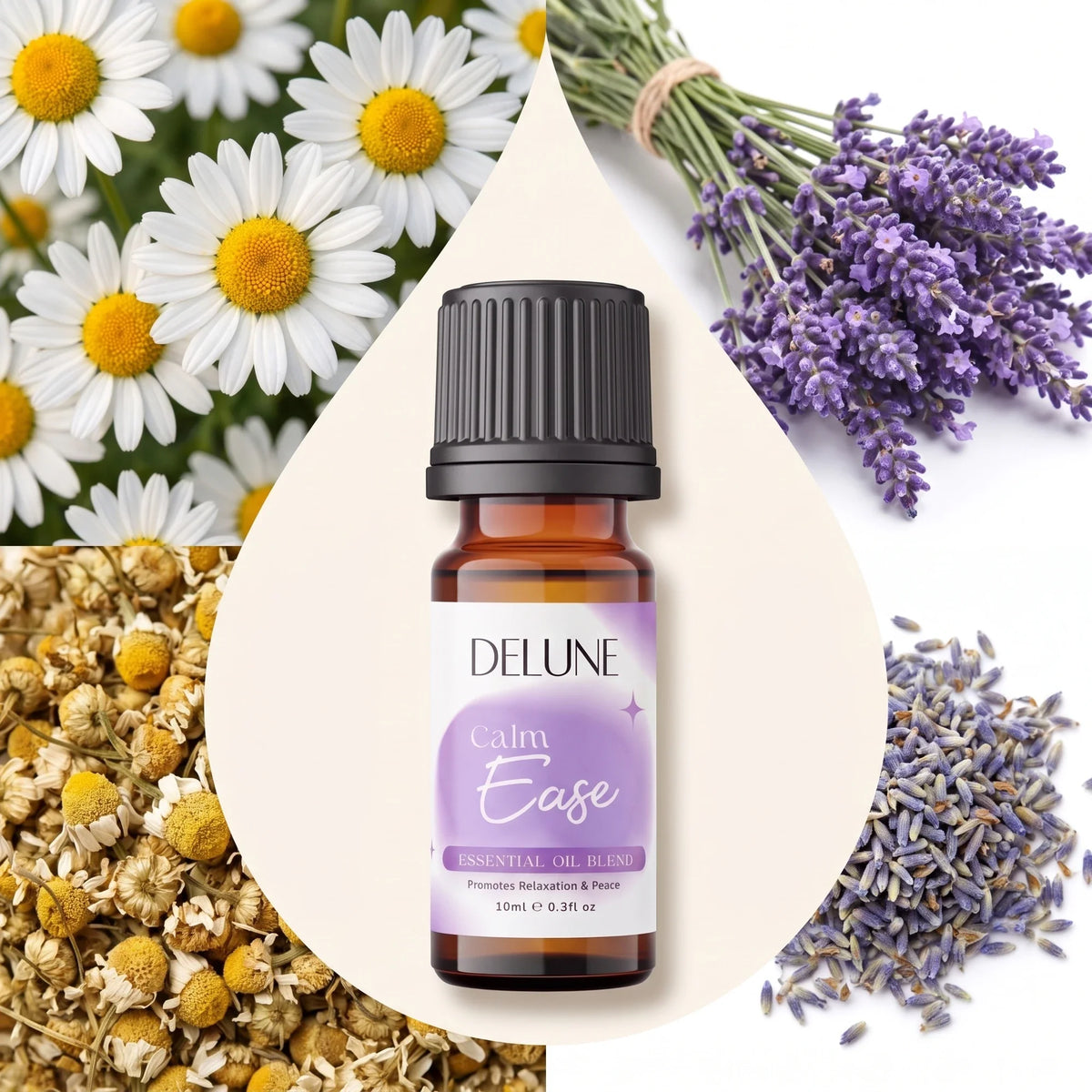 Delune Calm Ease – blanding af æteriske olier omgivet af sine ingredienser: frisk og tørret kamille og lavendel