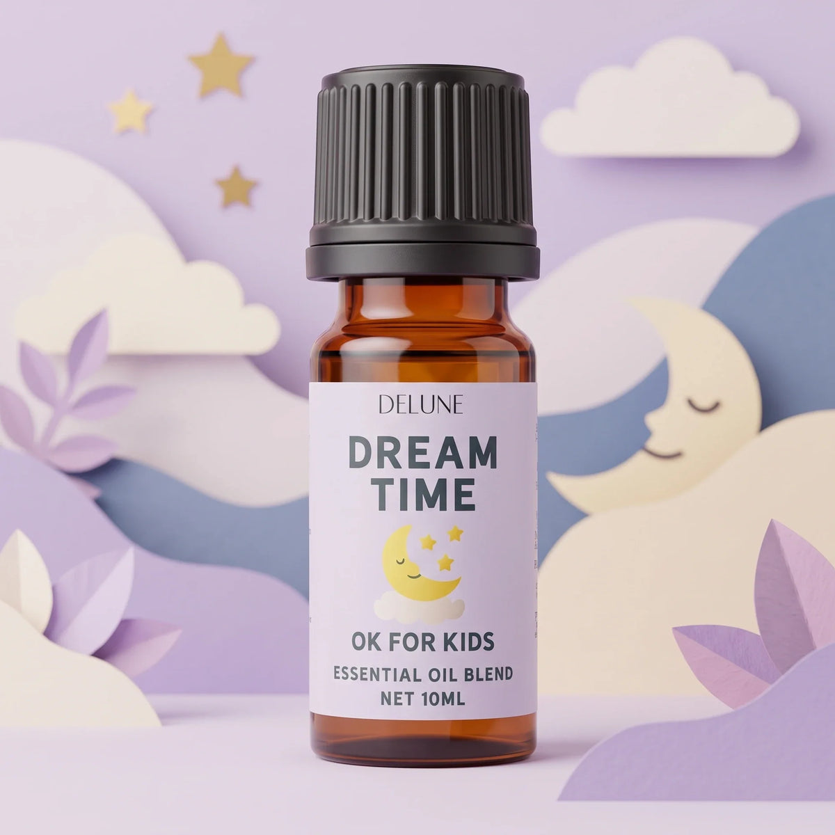 Delune Dreamtime (OK for Kids) – æterisk olie, 10 ml ravfarvet flaske på en lilla nattehimmel af papir med en sovende papirmåne og stjerner