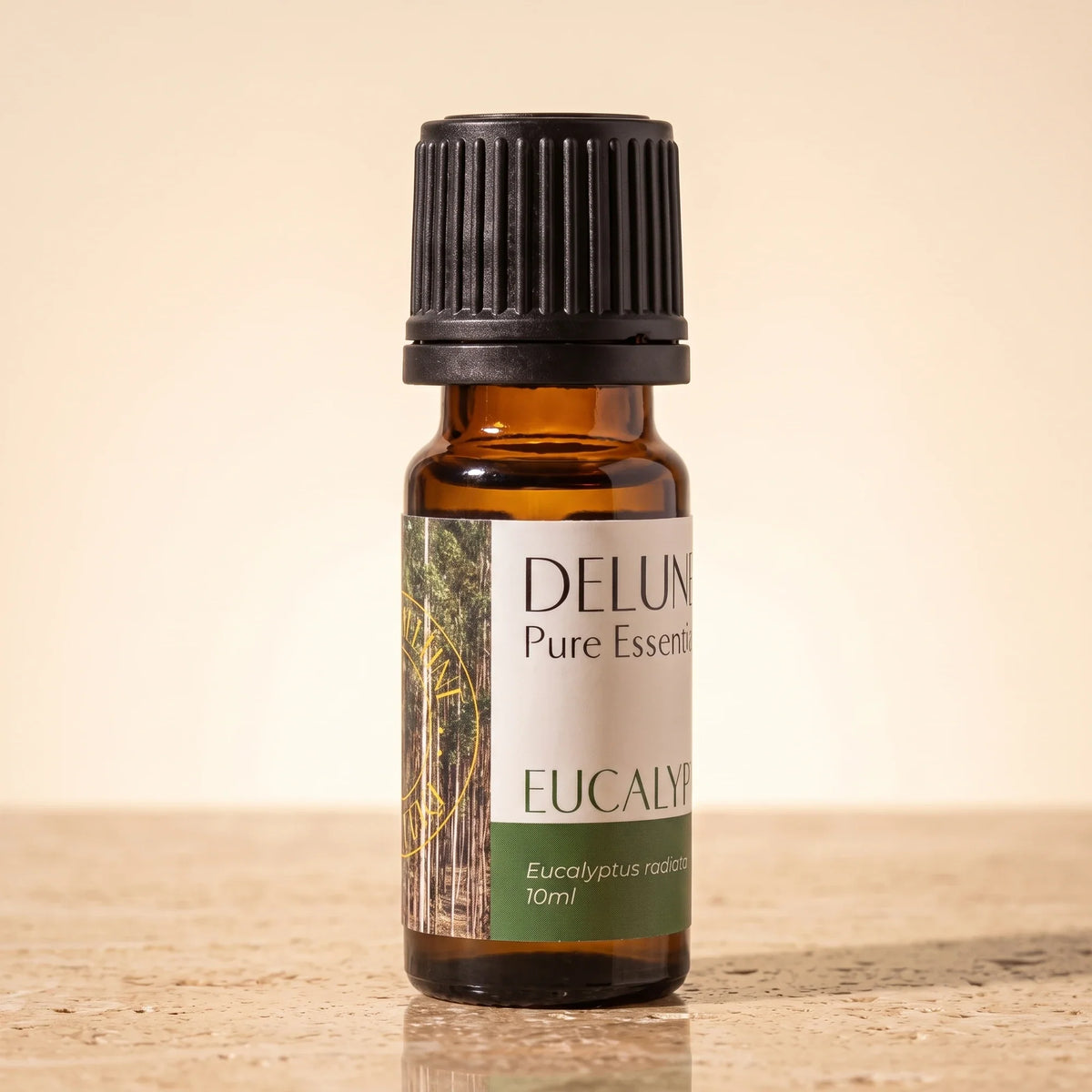 Delune Eukalyptus (radiata) – ren æterisk olie, 10 ml ravfarvet glasflaske på varm travertin