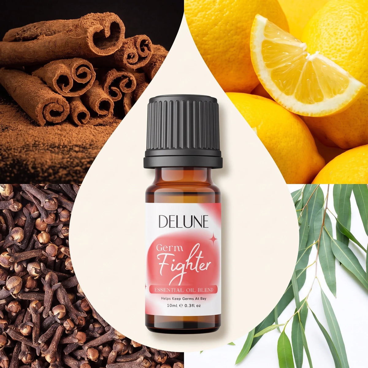 Delune Germ Fighter – blanding af æteriske olier omgivet af sine ingredienser: kanel, citron, nellike og eukalyptus