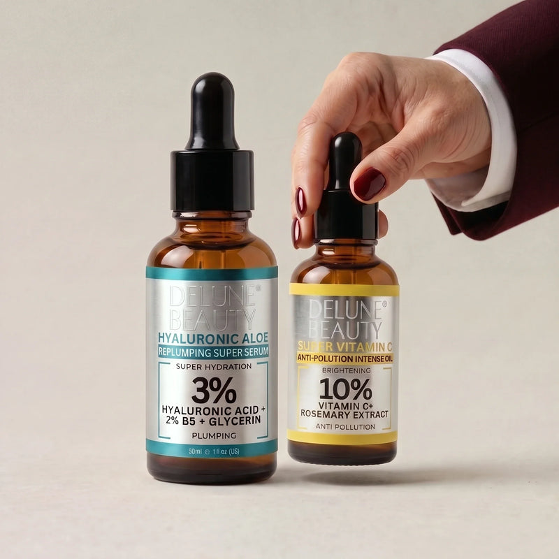 Hånd, der tager Super Vitamin C™ fra Delune Hyaluronic Aloe B5 og Super Vitamin C – duo