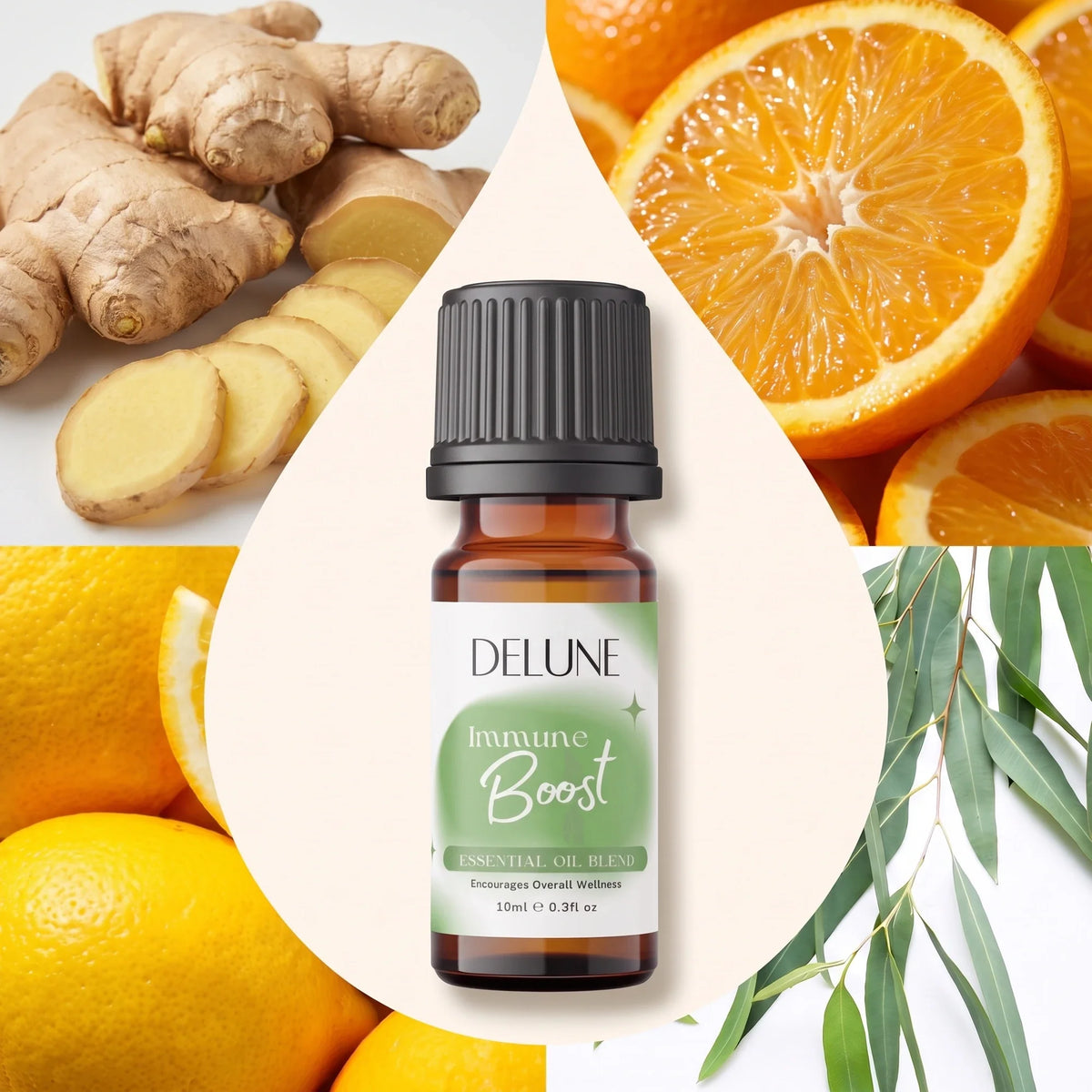 Delune Immune Boost – blanding af æteriske olier omgivet af sine ingredienser: ingefær, appelsin, citron og eukalyptus