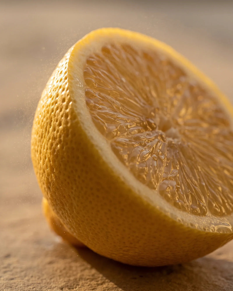 Nærbillede af en nyhalveret citron med saftigt frugtkød i lavt, varmt sollys på lys travertin – den friske, lyse duft fra Delune Citron – ren æterisk olie