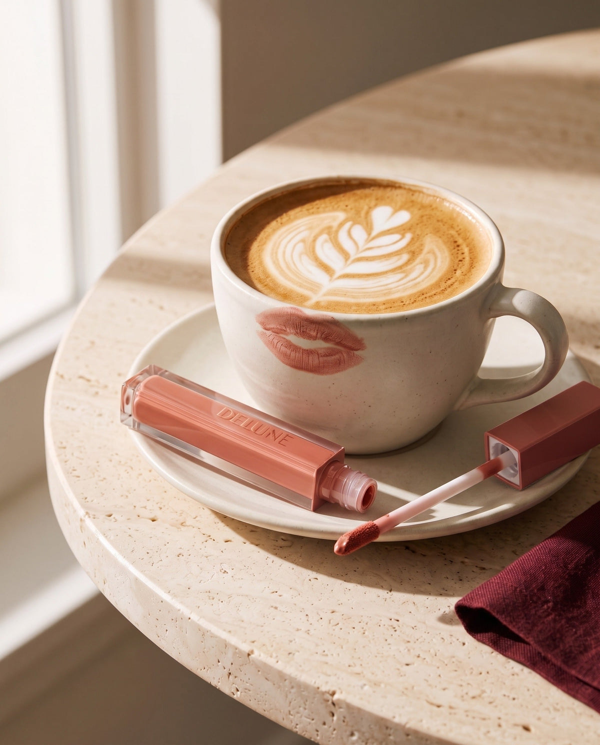 Delune LuxMatte i Rose Latte med en latte og et rosa kysaftryk