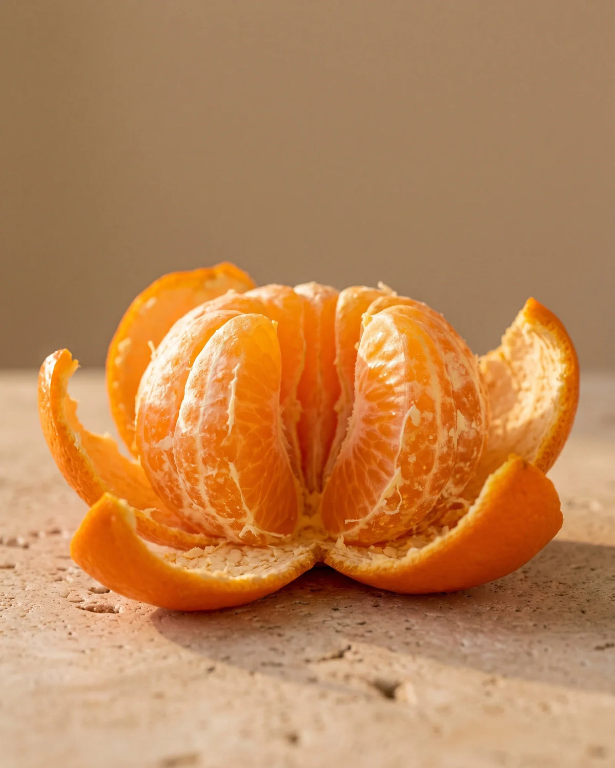 En nyskrællet mandarin med både, der gløder i varmt lys – den søde, saftige citrusduft fra Delune Mandarin – ren æterisk olie
