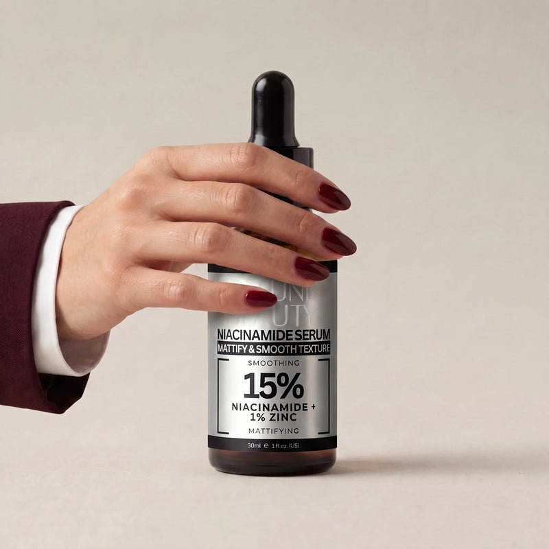 Hånd med Delune Serum med niacinamid og 1 % zink