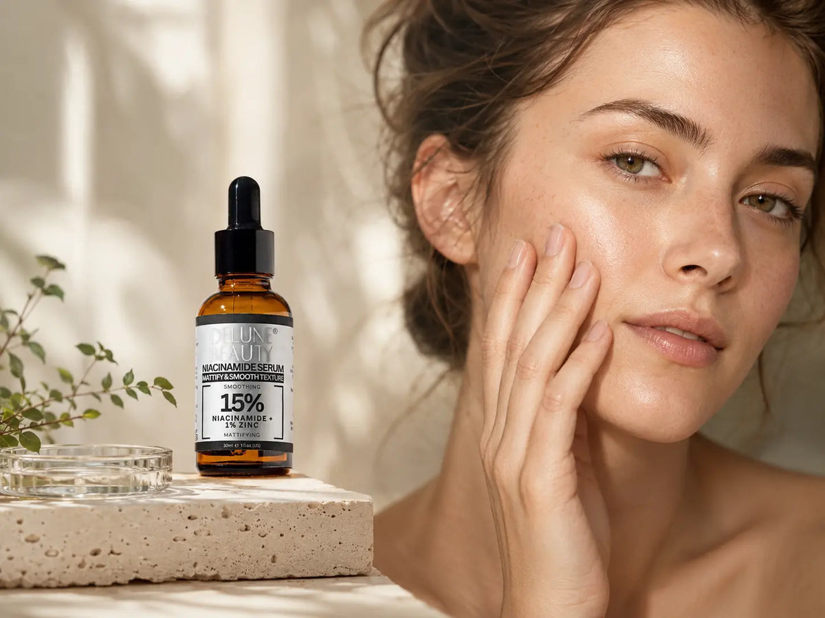 Delune 15% Niacinamide and 1% Zinc Serum beside an adult woman pressing her cheek