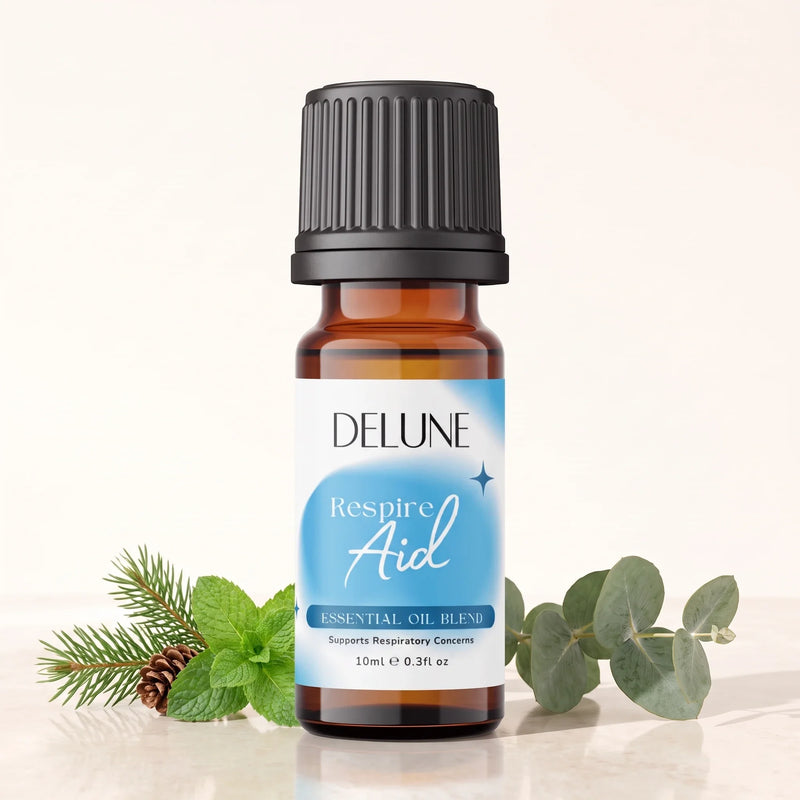 Respire Aid – blanding af æteriske olier fra Delune i 10 ml ravfarvet glasflaske med frisk eukalyptus, mynte og fyr