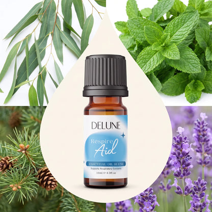 Respire Aid – blanding af æteriske olier fra Delune omgivet af sine ingredienser: eukalyptus, mynte, fyr og lavendel
