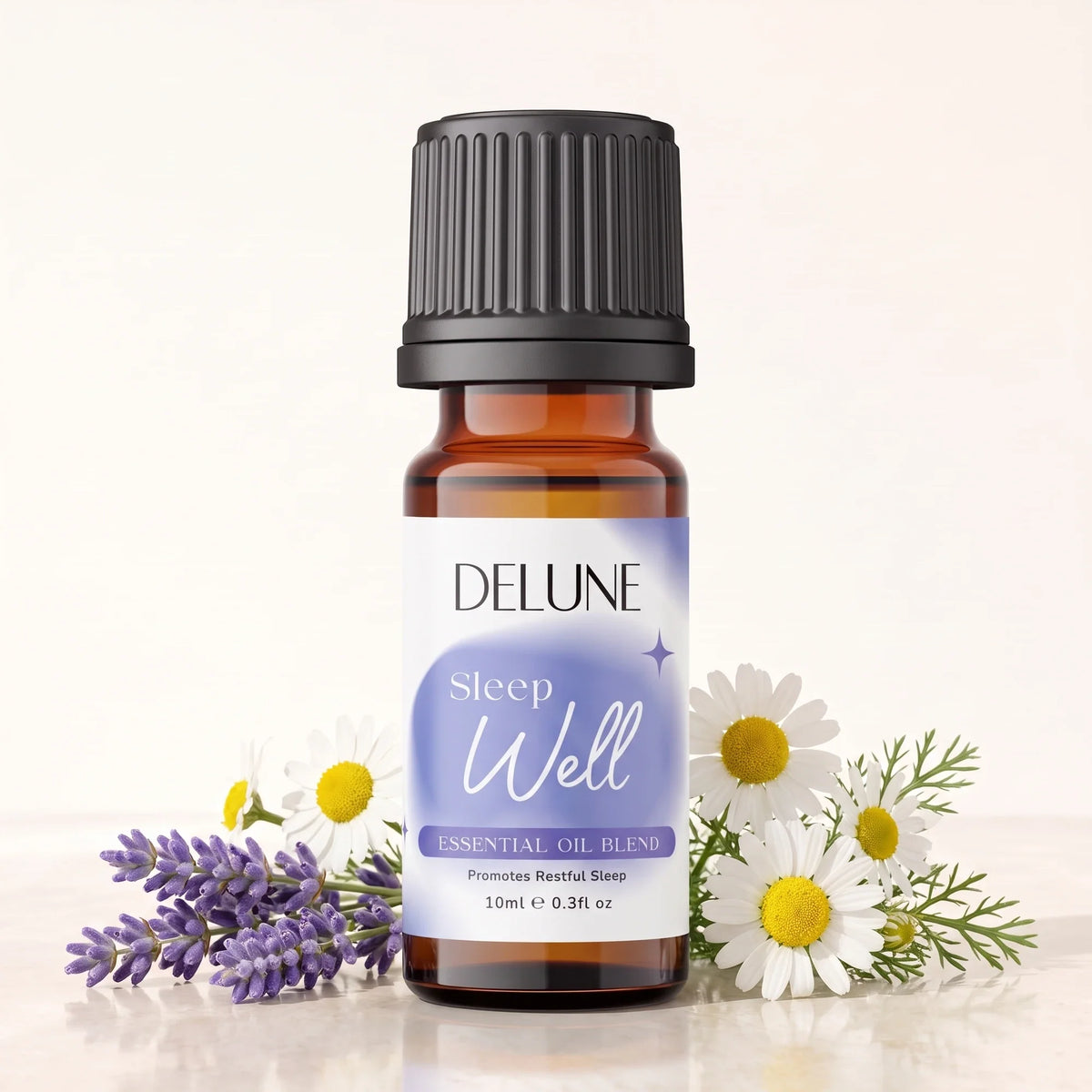 Sleep Well – blanding af æteriske olier fra Delune i 10 ml ravfarvet glasflaske med friske lavendel- og kamilleblomster