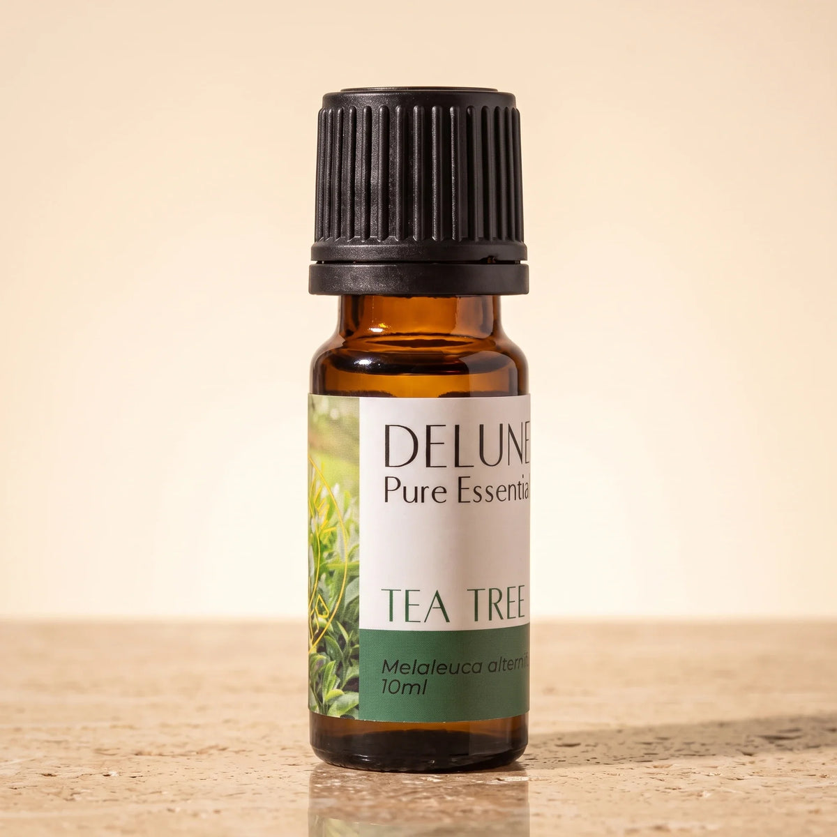 Tea tree – ren æterisk olie fra Delune i 10 ml ravfarvet glasflaske på varm travertin