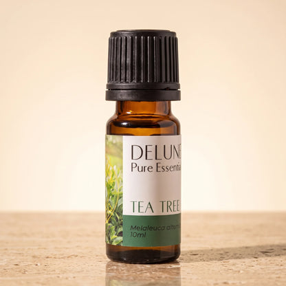 Tea tree – ren æterisk olie fra Delune i 10 ml ravfarvet glasflaske på varm travertin