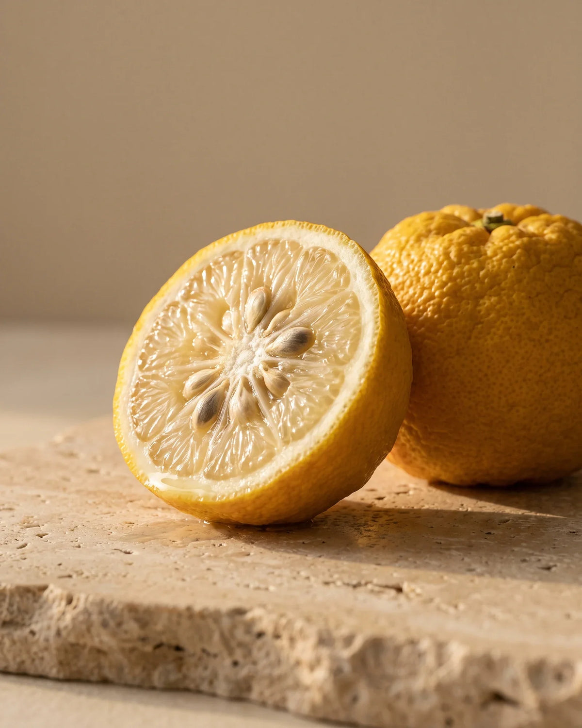 En halveret yuzu ved siden af en hel, knudret yuzu på varm travertin – den klare, blomstrede citrusduft i Delunes rene æteriske olie af yuzu